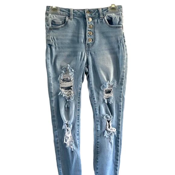 3/$15 WAX JEAN Juniors Destroyed Ripped Light Wash Blue Skinny Jeans Size 3 - Picture 1 of 9